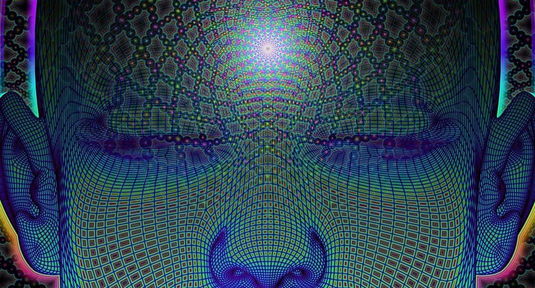 Psychedelic face formed from intricate geometric patterns, with a luminous center at the forehead, by Samuel Farrand