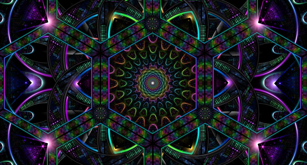 Symmetrical psychedelic geometry with luminous purple, green, and blue forms surrounding dark spaces, by Samuel Farrand