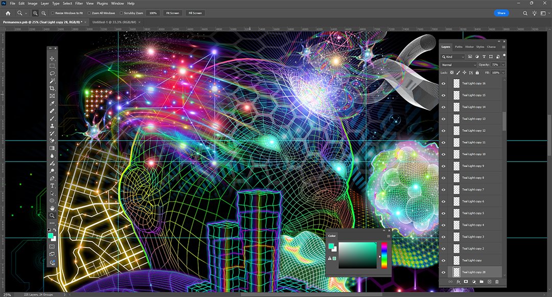 Samuel Farrand’s artwork open in Photoshop, showing colorful geometric forms and the Layers panel